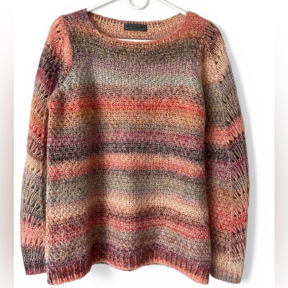 Elsamanda Sweater Peach Striped Pullover Size Large Alpaca Wool Mohair Italy